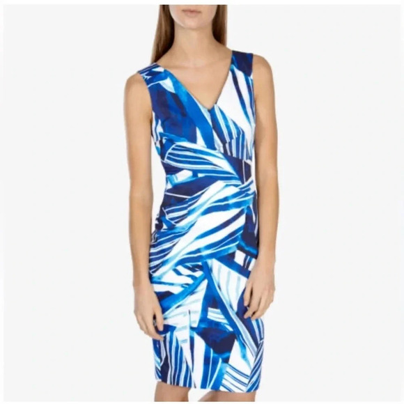 Karen Millen Blue White Geometric Print Sleeveless Sheath Dress Women’s Size 4 - Picture 2 of 10